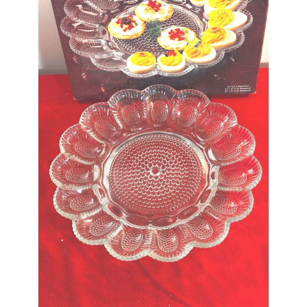 Vintage Clear Glass Deviled Egg Plate 11 Inch Scalloped Hobnail Platter with Box - Picture 2 of 2
